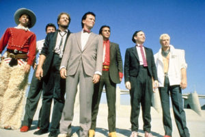 Buckaroo Banzai and his Hong Kong Cavaliers: actors Jeff Goldblum (from left), Clancy Brown, Peter Weller (as Buckaroo), Pepe Serna, Billy Vera, and Lewis Smith.