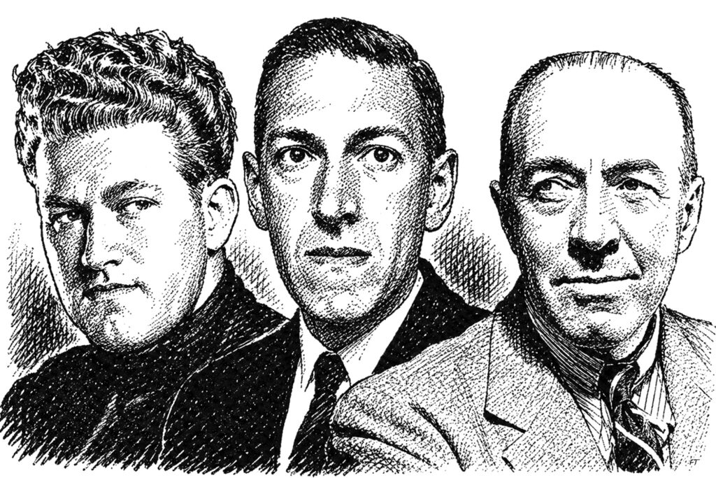 An illustration of August Derleth, H.P. Lovecraft, and Edgar Rice Burroughs