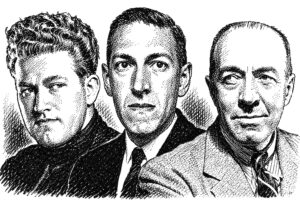 An illustration of August Derleth, H.P. Lovecraft, and Edgar Rice Burroughs
