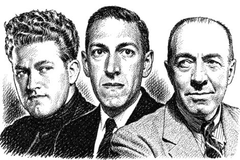 An illustration of August Derleth, H.P. Lovecraft, and Edgar Rice Burroughs
