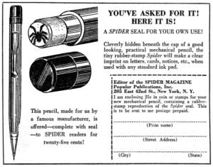 An ad for The Spider pencil premium.