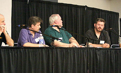 Panelists, from left, John Gunnison, Tom Roberts, Ed Hulse, Rich Harvey and Neil Mechem discuss “The Impact of Pulp Reprints on the Pulp Market” at Pulpcon 35 on Friday evening.