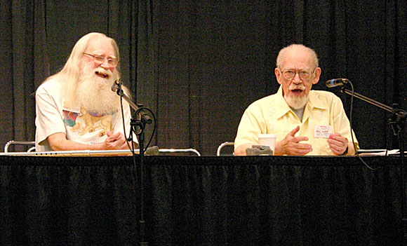 Guest of honor Phil Klass, right, who often wrote under the name William Tenn, provided an entertaining remembrance of the science fiction pulps. Pulpcon’s Rusty Hevelin is at left.