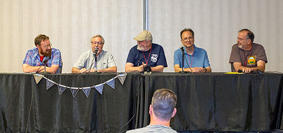 Nathan Madison, from left, John Haefele, Don Herron, Rick Lai, and moderator Tom Krabacher talk Cthulhu and H.P. Lovecraft.