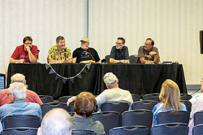 Garyn Roberts, from left, Morgan Holmes, Don Herron, Will Murray, and moderator Tom Krabacher discuss "Weird Tales."