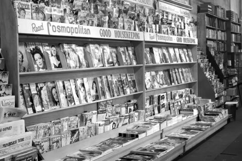 The top sections of this magazine rack in Vancouver, B.C., displays dozens of Canadian-edition pulp magazines from late 1944 and early 1945 for sale.