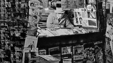 This French newsstand, in December 1931, has a few pulps hanging on its left side, including "Argosy," "Blue Book," "Black Mask," "All-Story," "Far West Romances" and "Adventure."