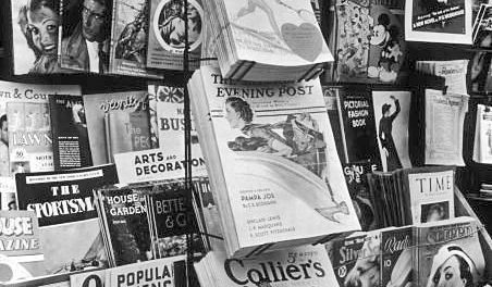 A variety of pulps were for sale at this newsstand in July 1935.