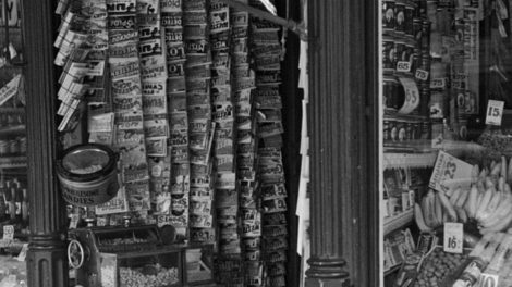 Pulp magazines hang upside down from a rack at a Manchester, N.H., shop in September 1937.