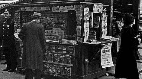 Another subway newsstand in New York displays a bounty of pulps, including the Dec. 1, 1939, number of "The Shadow," and the December numbers of "Weird Tales," "The Avenger," "Thrilling Detective," "Western Trails" and more.