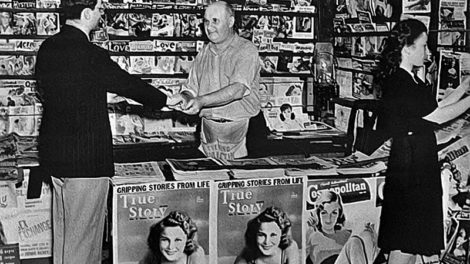 This newsstand in Camden, N.J., displays a variety of pulp magazines from spring 1940.