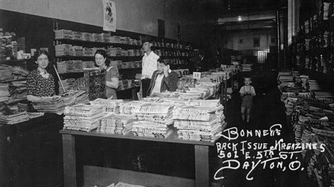 This photo may be familiar to any of you who attended Pulpcon or PulpFest in Dayton, Ohio. It hangs on the wall of Bonnett's Books on 5th Street, and shows the interior of that very location in 1941. At the time, Bonnett's specialized in used magazines. And as you can see in this photo, there are stacks and stacks and stacks of pulp magazines, including "Spicy Adventures," "Spicy Mystery" and "Spicy Detective" in the foreground. (Photo courtesy of Bonnett's Books)