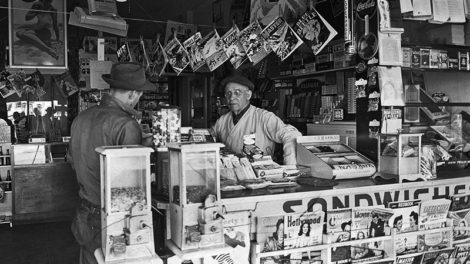 Look carefully and you'll see a "Detective Fiction Weekly" from March 15, 1941, on display among the magazines at the bottom of this newsstand in Los Angeles. (It's the same newsstand previously shown in December 1939.)