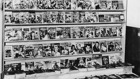 Based on the "Time" magazine cover in the lower left, this photo may have been taken in late April 1941. Several of the pulp magazines displayed on the rack have cover dates for May, June or Summer 1941.