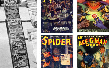Here’s a closeup of some of the pulps from the previous photo, alongside color images of the same covers.