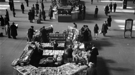 A massive newsstand provides a wide selection of reading materials, including pulp magazines, for travelers at Chicago's Union Station in January 1943. (See next photo for a detail shot.)