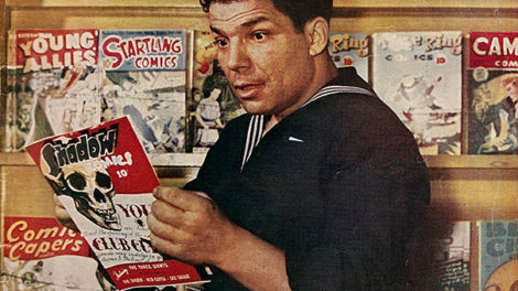 This sailor is looking over the March 1945 issue of "The Shadow Comics" in an onboard canteen, or "Gyp Joint," on the cover of the April 15, 1945, issue of "Our Navy." If you look just below the "O" and "U" in the nameplate, you'll see the Spring 1945 number of "Fight Stories" and the March 1945 "Famous Fantastic Mysteries."