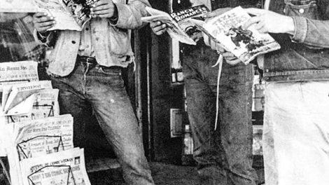 A trio of cowboys take a break to read through a trio of western pulps: "Lariat Story Magazine" (July 1949); "Ranch Romances" (second issue from May 1949); and "Texas Rangers" (June 1949). The Dallas and Fort Worth newspapers might peg the location as Texas, but there's also a Denver Post for sale.