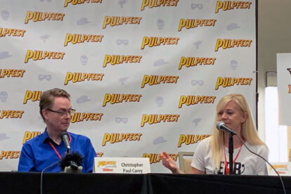 Henry G. Franke III (from left), Christopher Paul Carey, and Cathy Wilbanks discuss "Beyond the Farthest Star: A Classic Science Fiction Novel Restored."