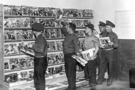 Soldiers at Camp Murray, near Tacoma, Wash., peruse the magazines offered by the Rothermel News Agency in this photo dated April 29, 1941.