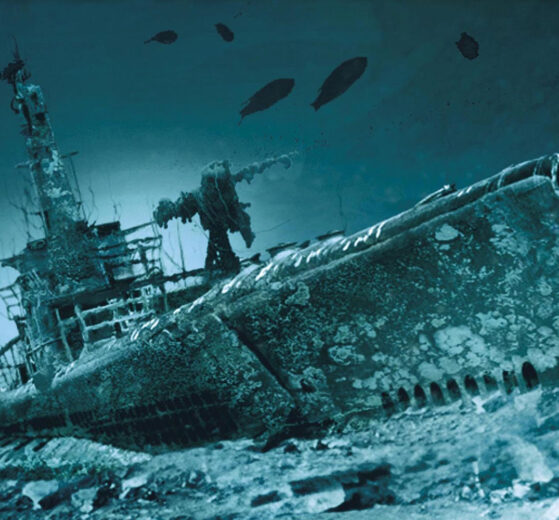 A sunken u-boat on the cover of the Dirk Pitt novel "Black Wind"