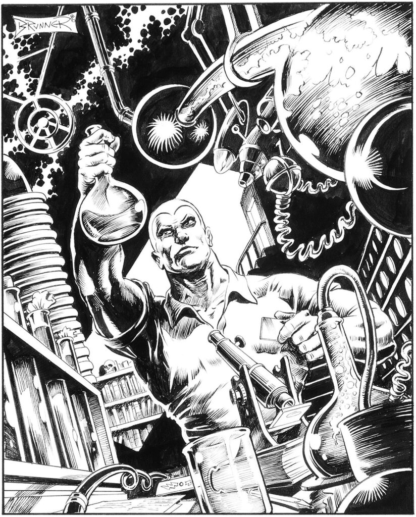 One of the illustrations that artist Frank Brunner created for a 1996 pitch to Dreamworks SKG for a proposed animated "Doc Savage" series.