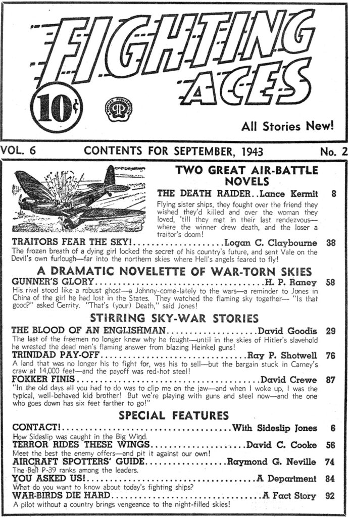 The novels, novelette, and shorts in the September 1943 number of "Flying Aces" may have all been written by David Goodis.