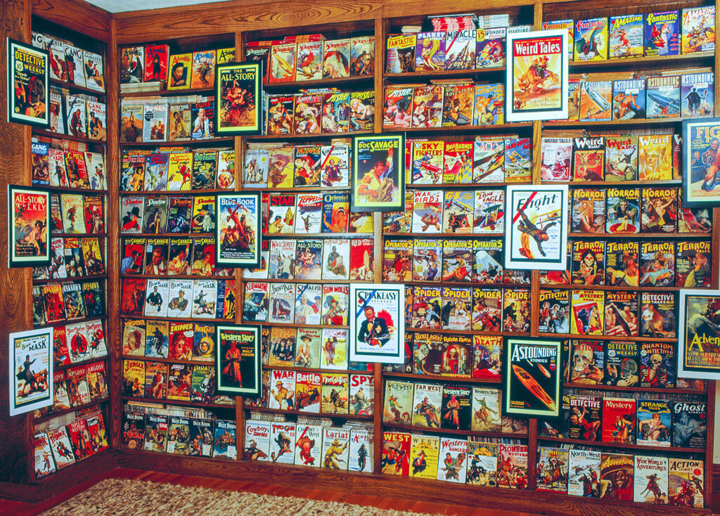 The Wall of Pulps: The late author and pulp collector Frank M. Robinson didn’t leave his magazines for his estate to deal with. He had his collection auctioned off through Adventure House late in his life. (Courtesy of John Gunnison/Adventure House)