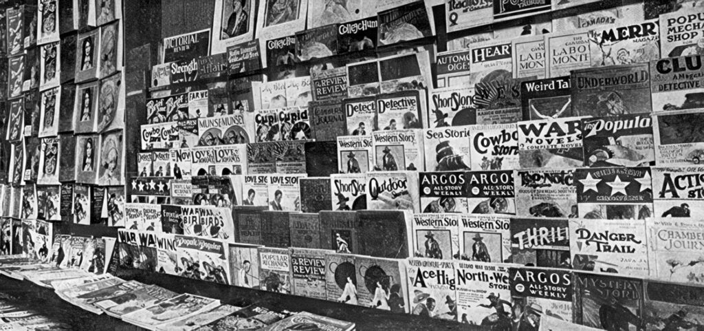 A newsstand in Hamilton, Ontario, sellings pulps from May 1928