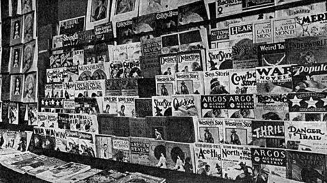 "Mr. W.J. Allen's store is a model of neatness and regularity. He never overlooks a chance to add new magazines to his order. He gives all magazines an almost full front cover display," says the caption of this photo from "The American News Trade Journal" (August 1928). You'll find covers from a variety of May 1928 pulps on this display from Hamilton, Ont. (Courtesy of Doug Ellis)