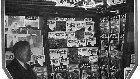 Here's a photo of a New York City magazine display from an advertisement by pulp publisher Clayton Magazines that ran in "The American News Trade Journal." In addition to pulps from December 1929, the display features some interesting "Ace-High" advertising cutouts at the top. (Courtesy of Doug Ellis)
