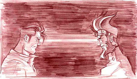 Doc Payne faces off with his brother, the evil Wilton Payne Smythe, in a sketch by Constant Payne production designer Tae Soo Kim.