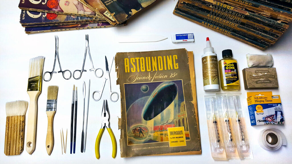 The author's pulp preservation toolkit includes brushes, toothpicks, surgical scissors, adhesives, erasers, and more.