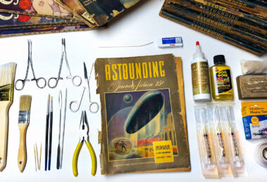 The author's pulp preservation toolkit includes brushes, toothpicks, surgical scissors, adhesives, erasers, and more.