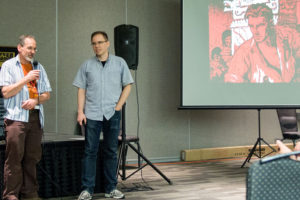 Mike Chomko (left) introduces Chris Kalb at the start of the presentation.