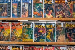 A rack of pulps for sale at PulpFest 2024