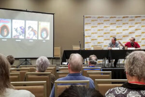 William Lampkin (from left) and Chris Kalb discuss "Selling The Shadow" at PulpFest 2021.