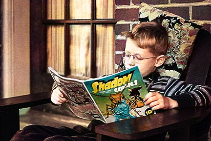 John Kelly, age 8, reads the January 1942 issue of "Shadow Comics" at his Philadelphia home.