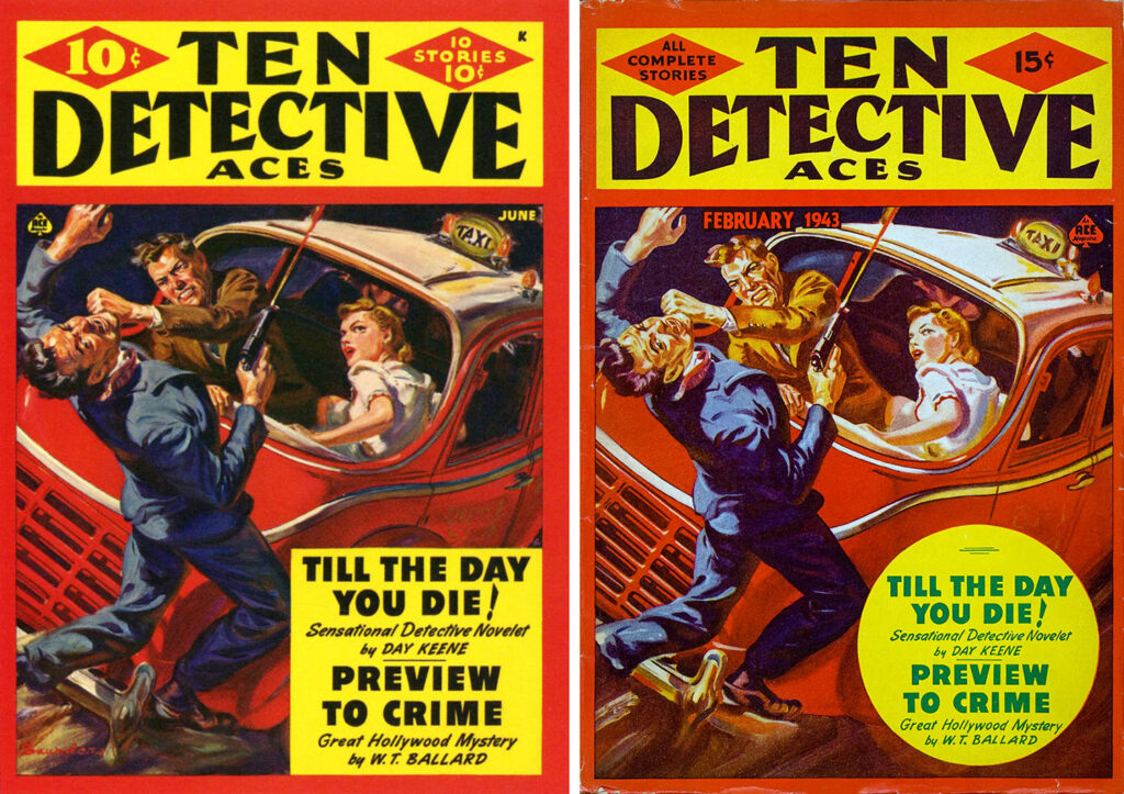 "Ten Detective Aces" (Norm Saunders, June 1942, left; John Hilkert, February 1943, right)