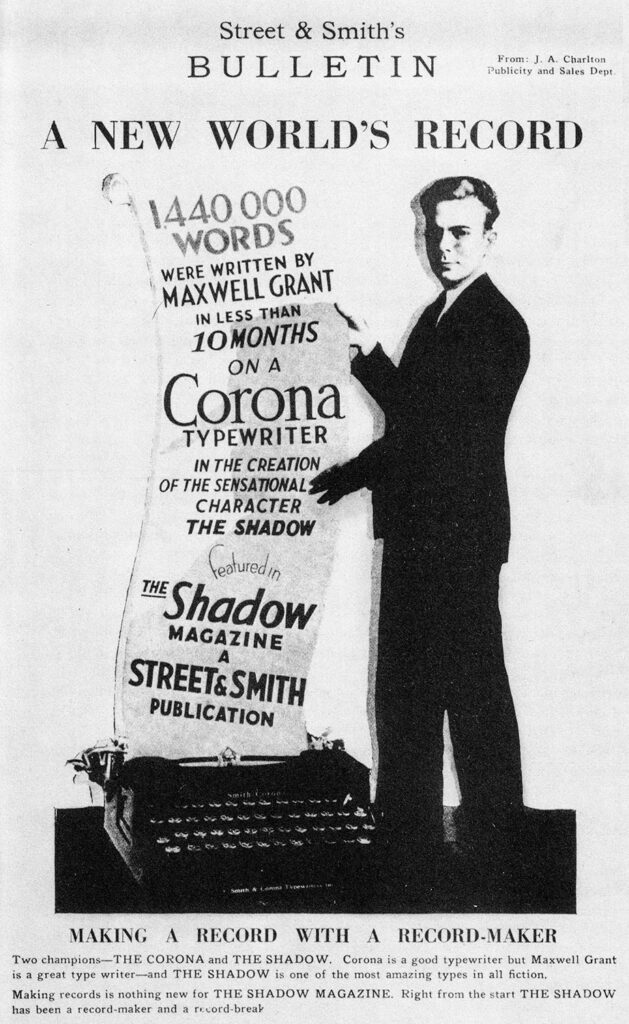 Street & Smith and Smith Corona promoted Walter Gibson’s staggering fiction output in a promotional ad.