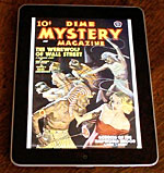 An Apple iPad displays a vintage pulp magazine in digital form