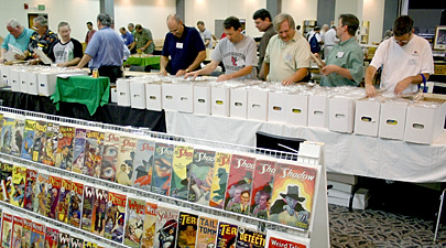 The boxes and boxes of a new pulp collection recently purchased by E&C Books drew keen interest early in the Con from fans looking for rare issues.