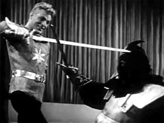 Flash (Buster Crabbe) fights a disguised Prince Barin (Richard Alexander) in a &amp;amp;quot;tournament of death&amp;amp;quot; using swords in the 1936 movie serial &amp;amp;quot;Flash Gordon.&amp;amp;quot;