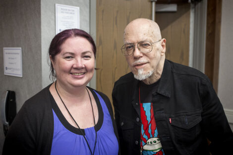 Guest of Honor Ted White meets Clare Macdonald-Sims, a science fiction and pulp fan who traveled from Australia to PulpFest.