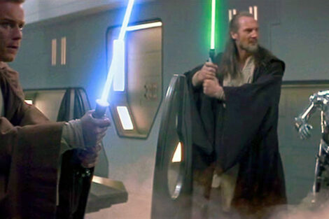 Jedis Obi-Wan Kenobi (Ewan McGregor) and Qui-Gon Jinn (Liam Neeson) stand ready for battle in "Star Wars, Episode I: The Phantom Menace."