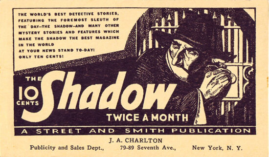 A postcard promoting 'The Shadow Magazine' from the 1930s.