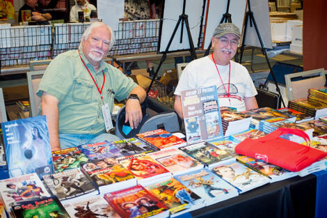 Airship27's Rob Davis, left, and Ron Fortier in the dealers' room at PulpFest 2017